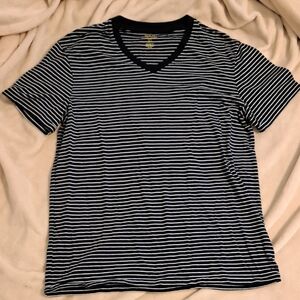 Polo Ralph Lauren Men's Dark Blue and White Striped V-Neck Shirt Size L